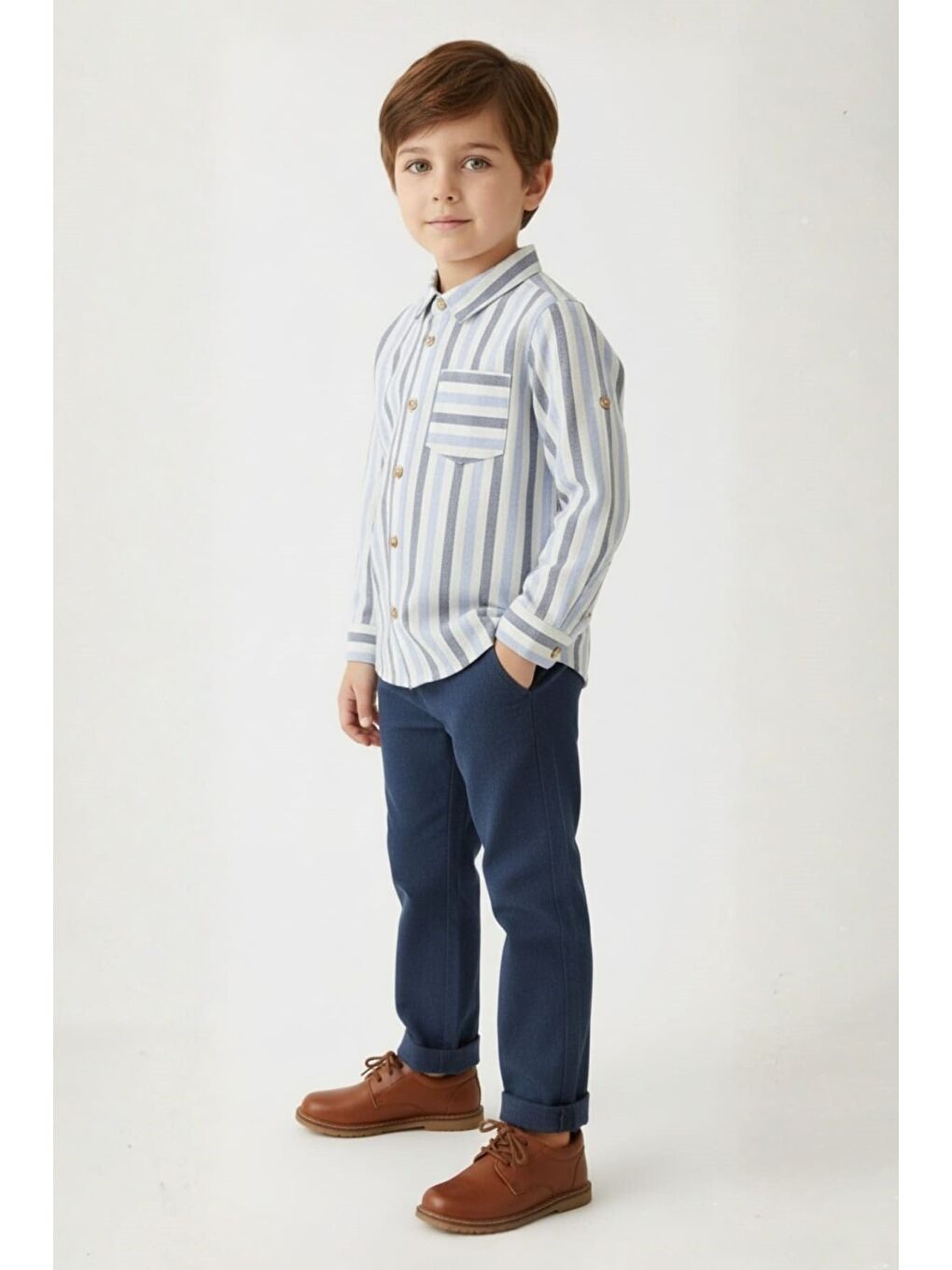 Erkek Çocuk Çizgili İnce Kaşe Gömlek - Lacivert-1