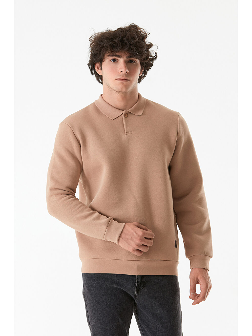 Fullamoda Camel-Bej Basic Polo Yaka Düğmeli Sweatshirt