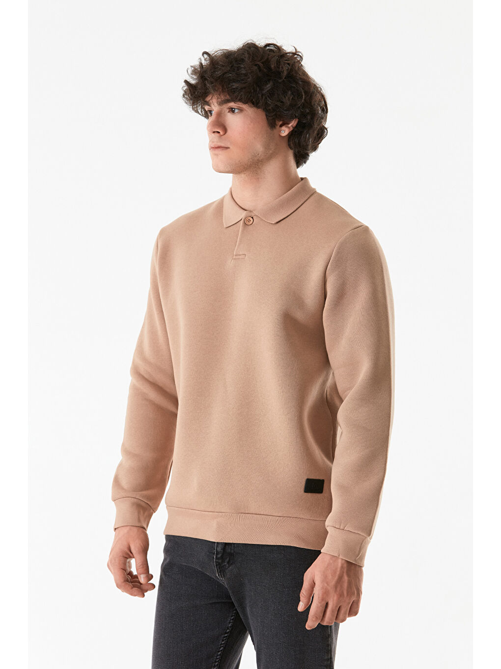 Fullamoda Camel-Bej Basic Polo Yaka Düğmeli Sweatshirt - 1