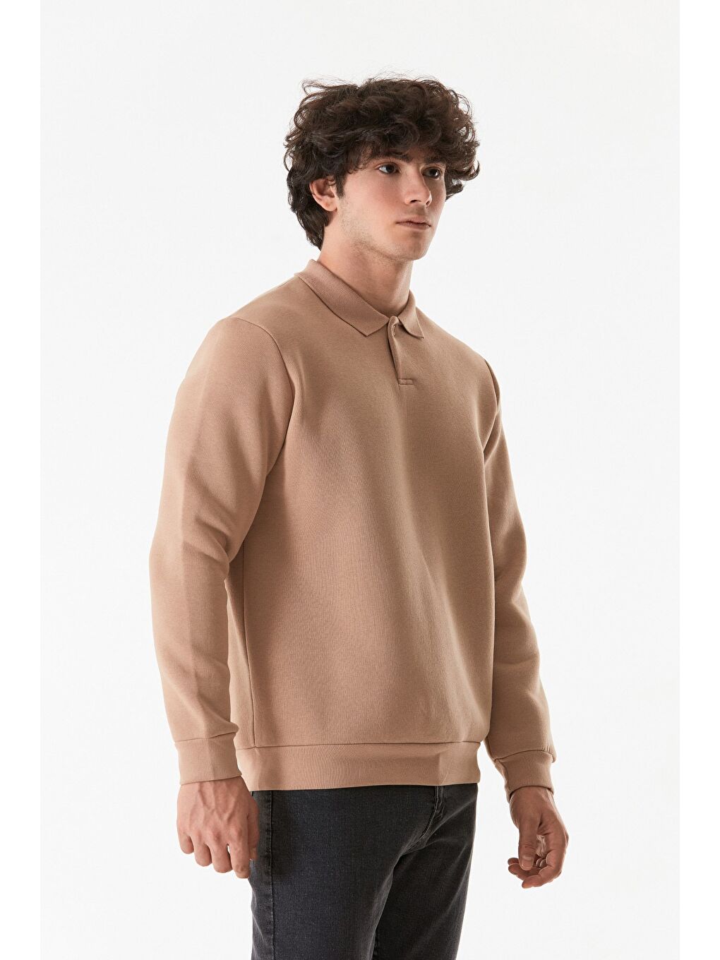 Fullamoda Camel-Bej Basic Polo Yaka Düğmeli Sweatshirt - 2