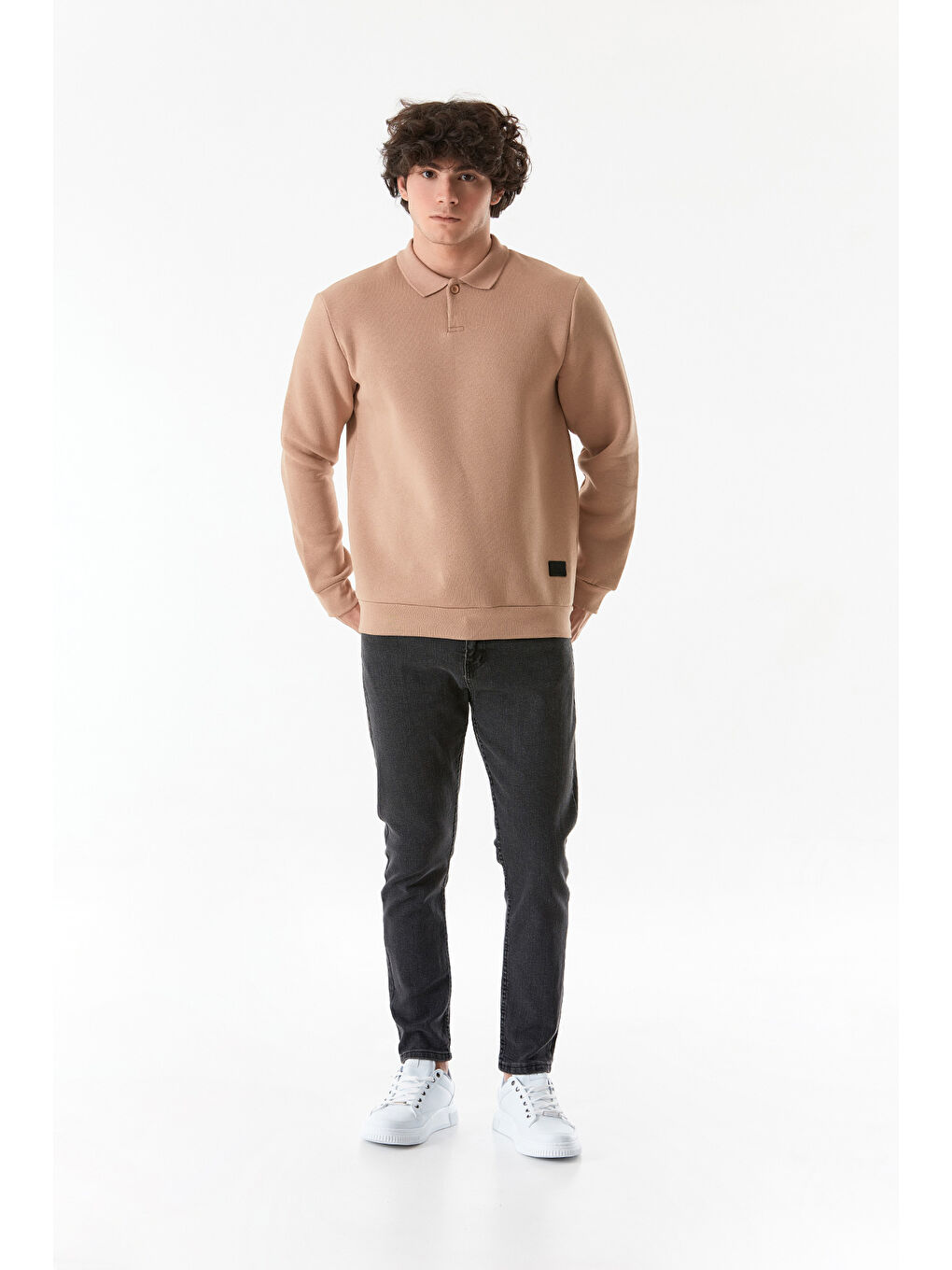 Fullamoda Camel-Bej Basic Polo Yaka Düğmeli Sweatshirt - 3