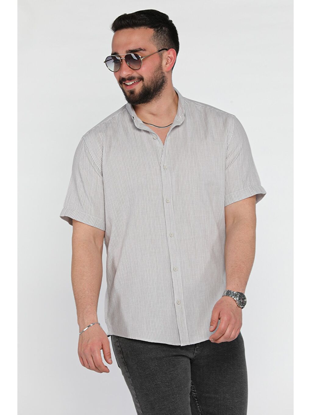 Bej Çizgili Kısa Kol Erkek Gömlek-1