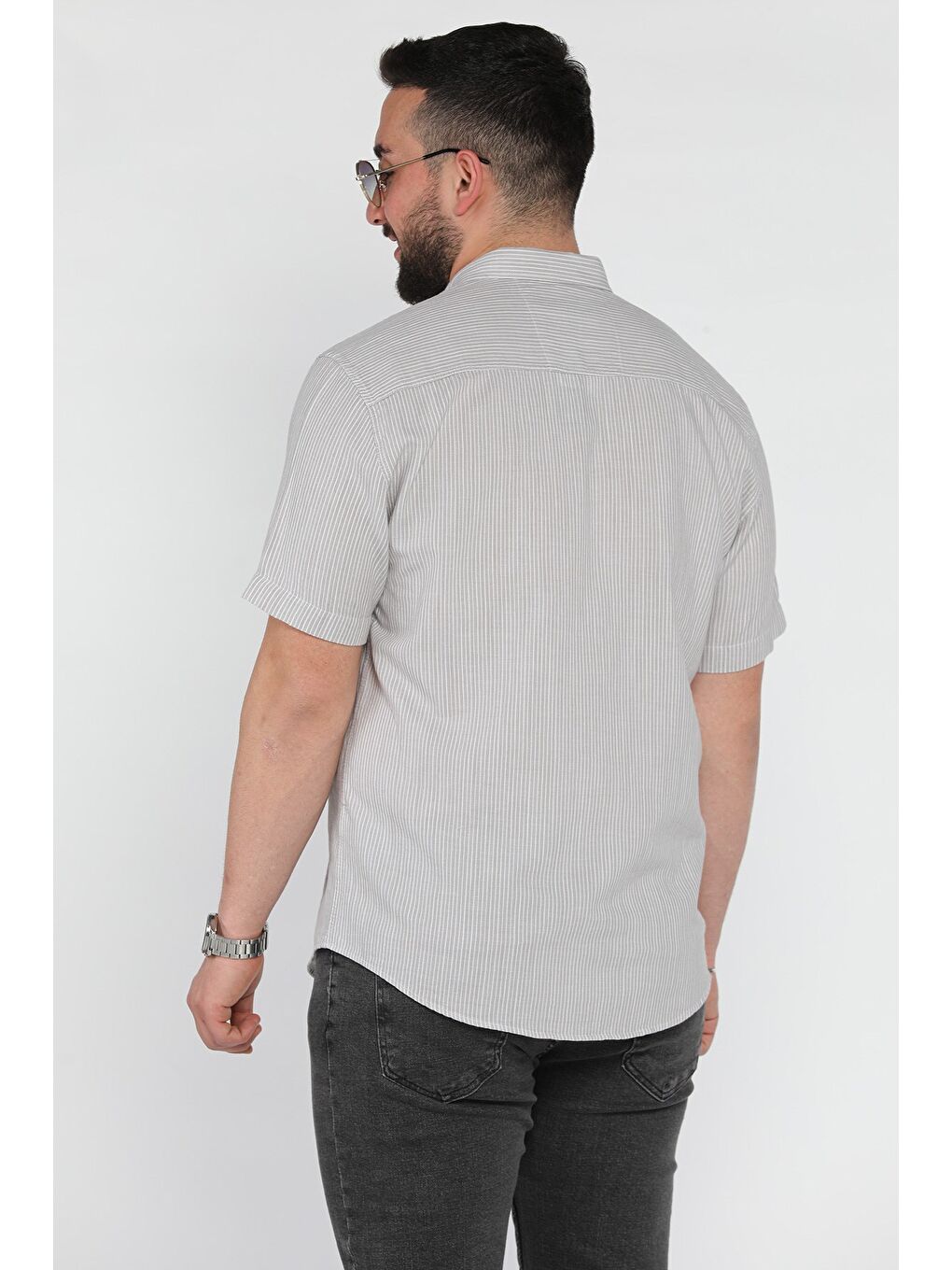 Bej Çizgili Kısa Kol Erkek Gömlek-2
