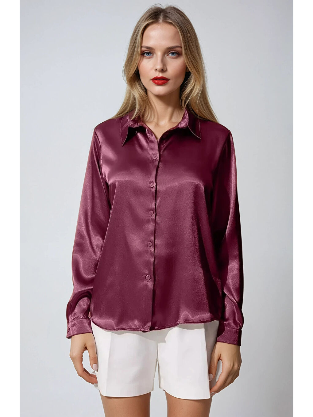 Hazelin Kadın Mürdüm Hafif Dökümlü Saten Yüzeyli Gömlek Hzl22w-bd139641 - 1