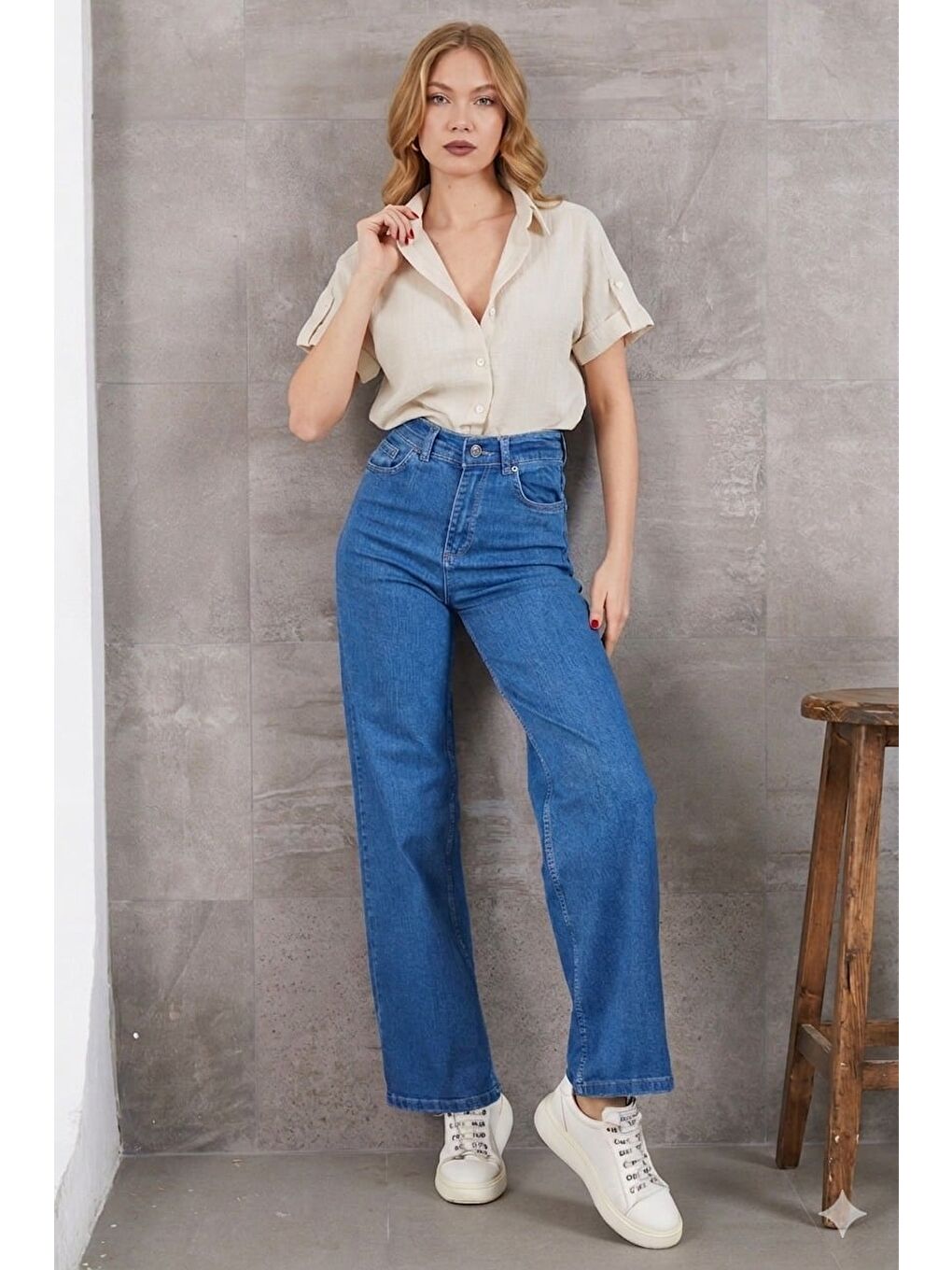 Mavi Yüksek Bel Palazzo Jean