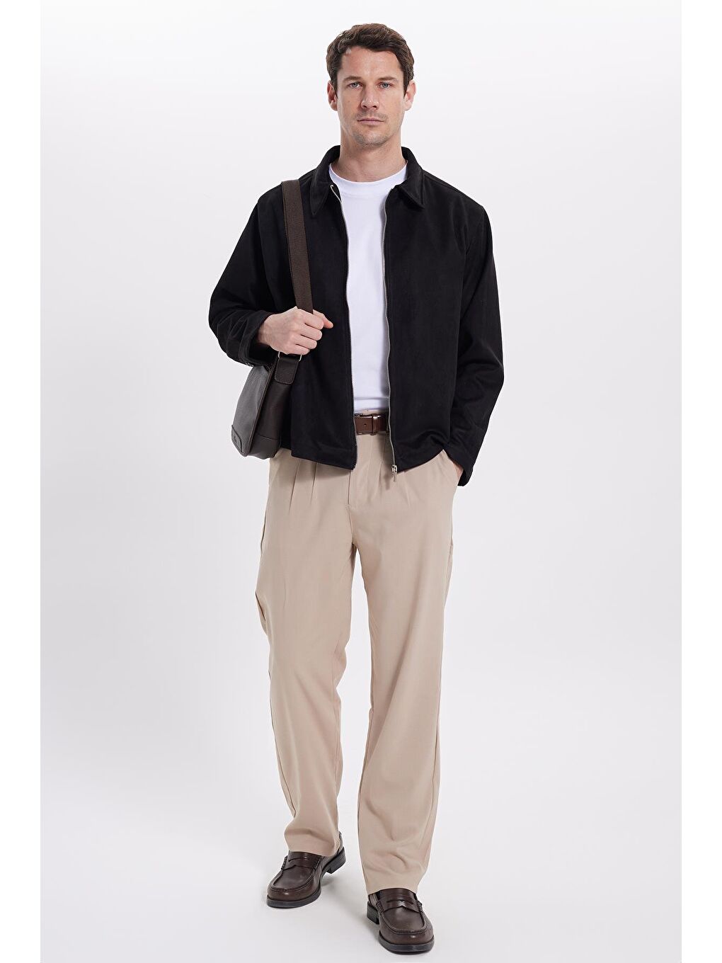 Erkek Relax Fit Rahat Kesim Süet Fermuarlı Astarlı Cepli Siyah Kolej Ceket Mont-1