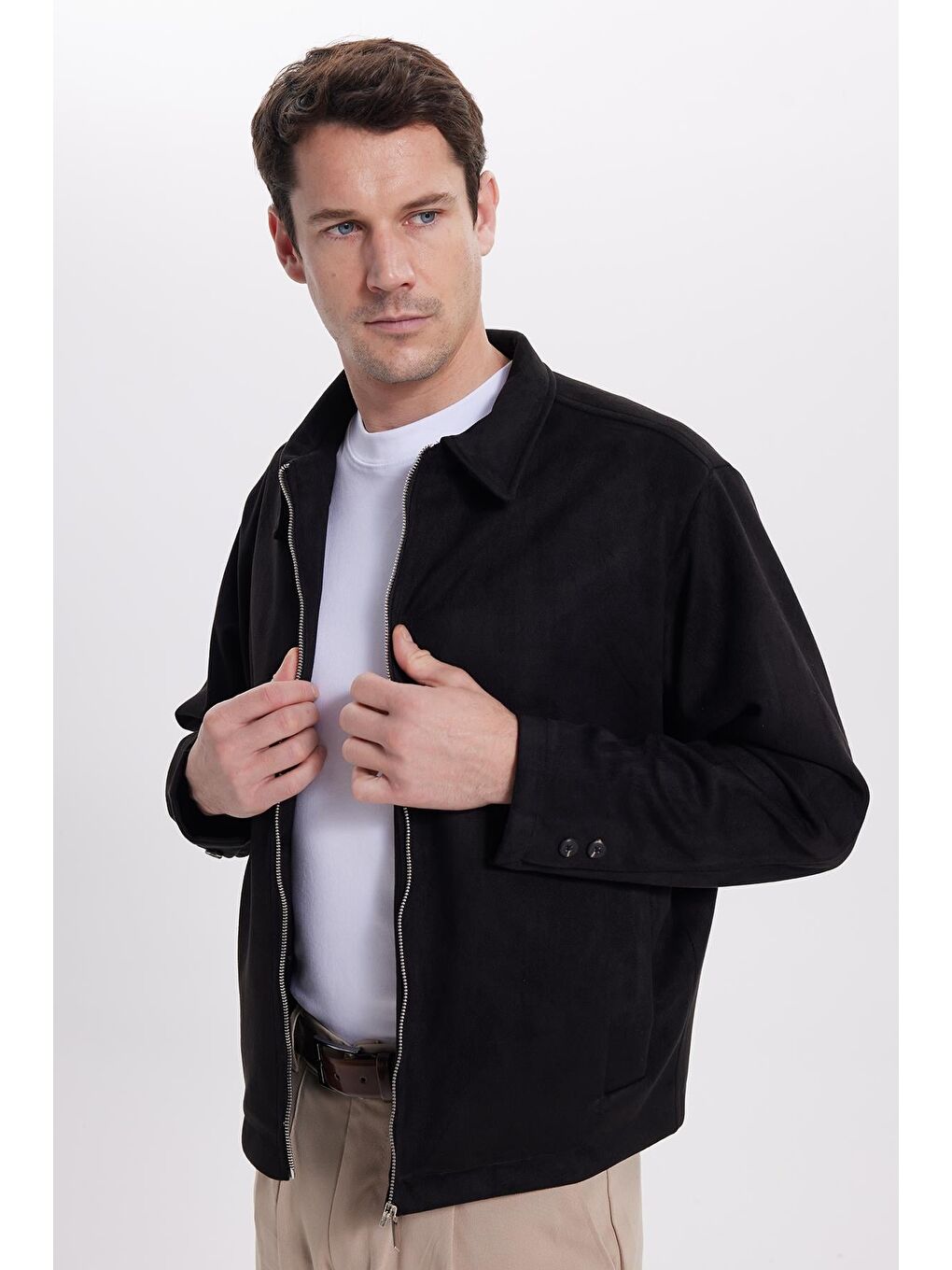 Erkek Relax Fit Rahat Kesim Süet Fermuarlı Astarlı Cepli Siyah Kolej Ceket Mont-2