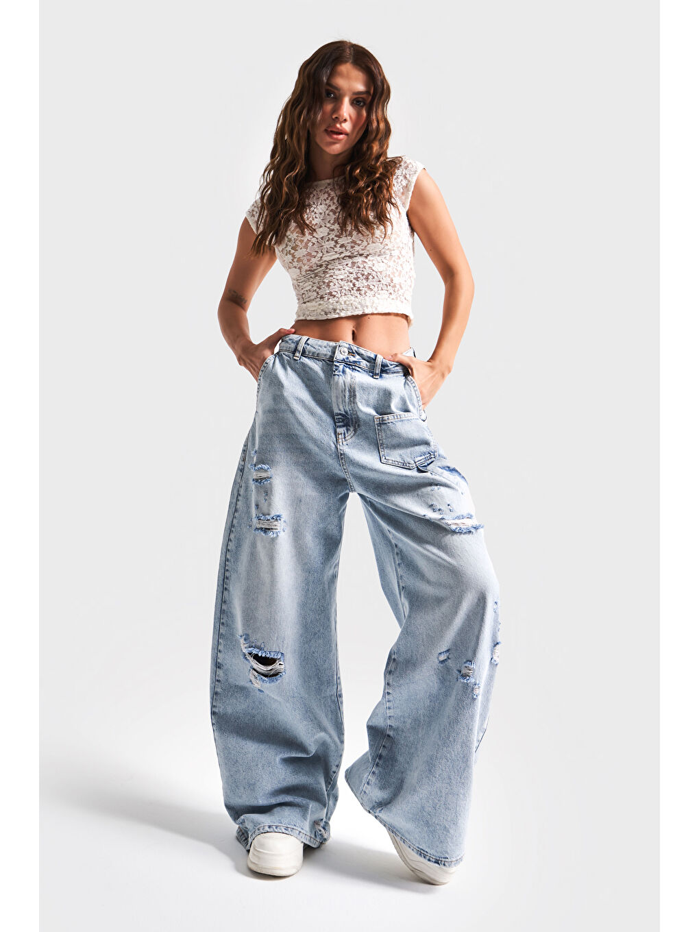 Mavi Kadın Jean Rengi 12S5-3 Mega Baggy Fit Süper Bol %100 Pamuk Orta Bel Denim Jean