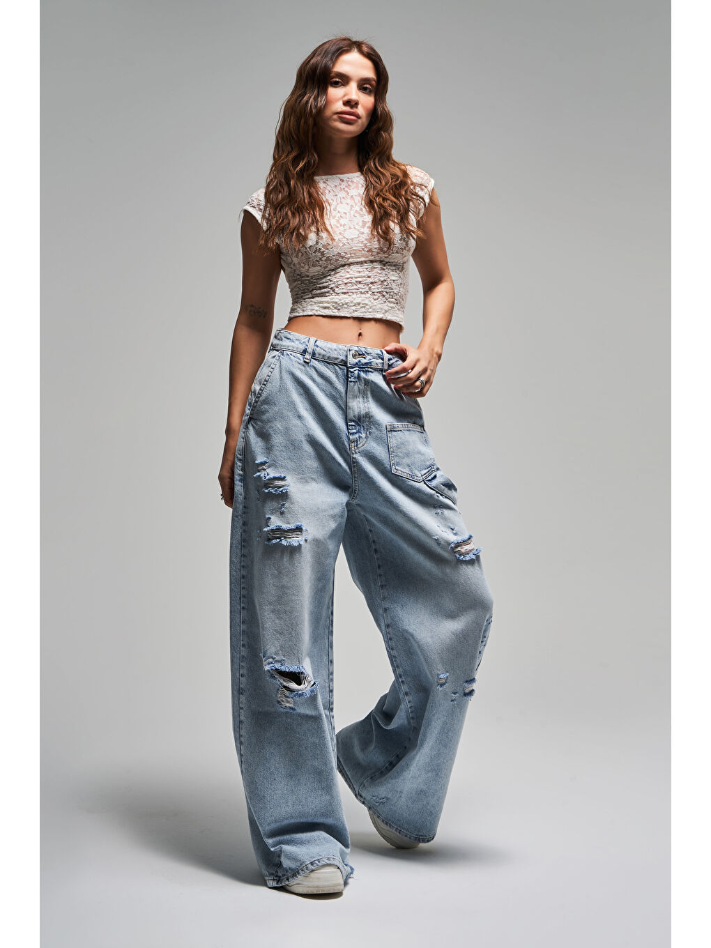 Mavi Kadın Jean Rengi 12S5-3 Mega Baggy Fit Süper Bol %100 Pamuk Orta Bel Denim Jean-3