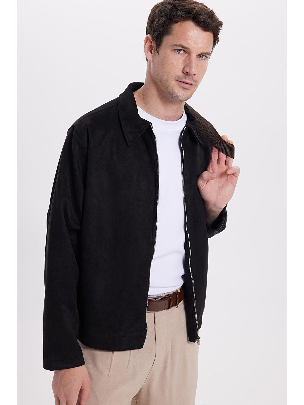 Erkek Relax Fit Rahat Kesim Süet Fermuarlı Astarlı Cepli Siyah Kolej Ceket Mont-6