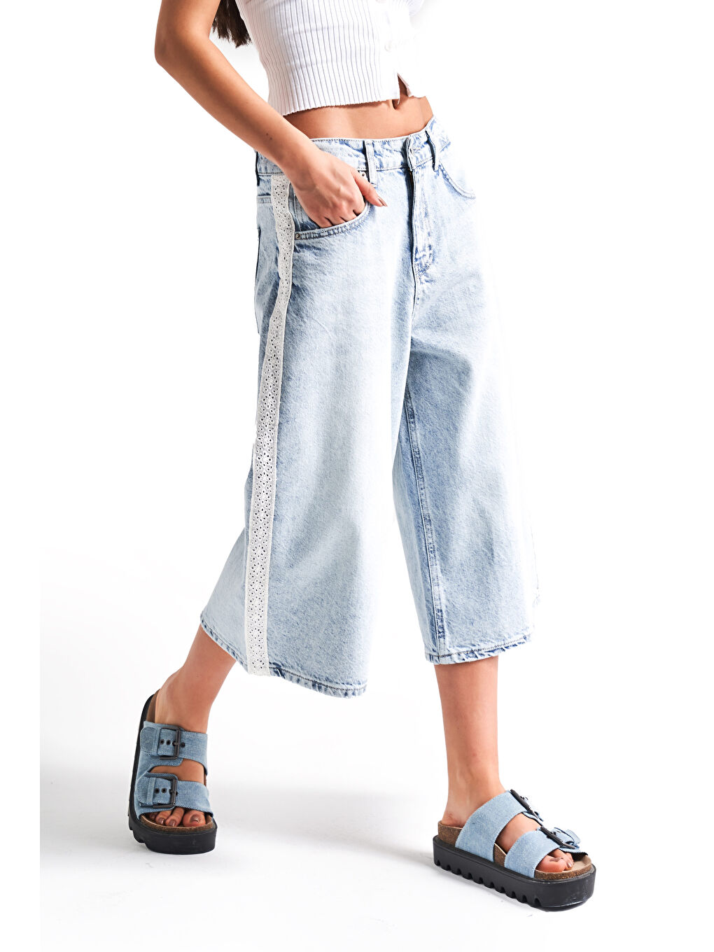 Mavi Kadın Ice Jean Rengi D 4S5 3 Süper Baggy Fit Dantel Şeritli Maxi Boy Denim Şortolon