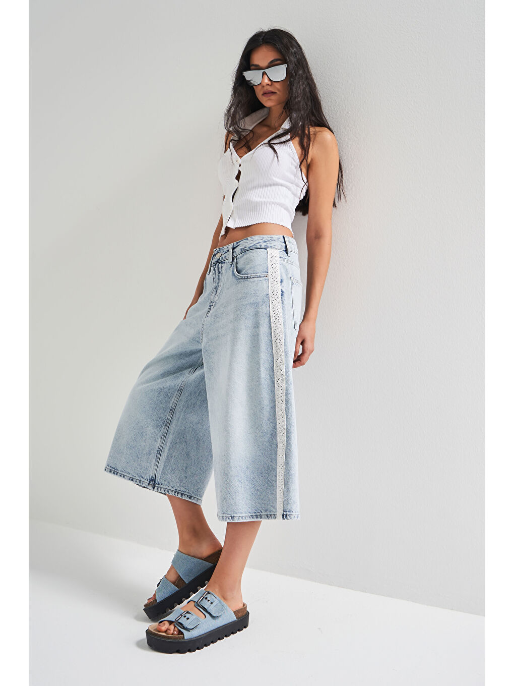 Mavi Kadın Ice Jean Rengi D 4S5 3 Süper Baggy Fit Dantel Şeritli Maxi Boy Denim Şortolon-1