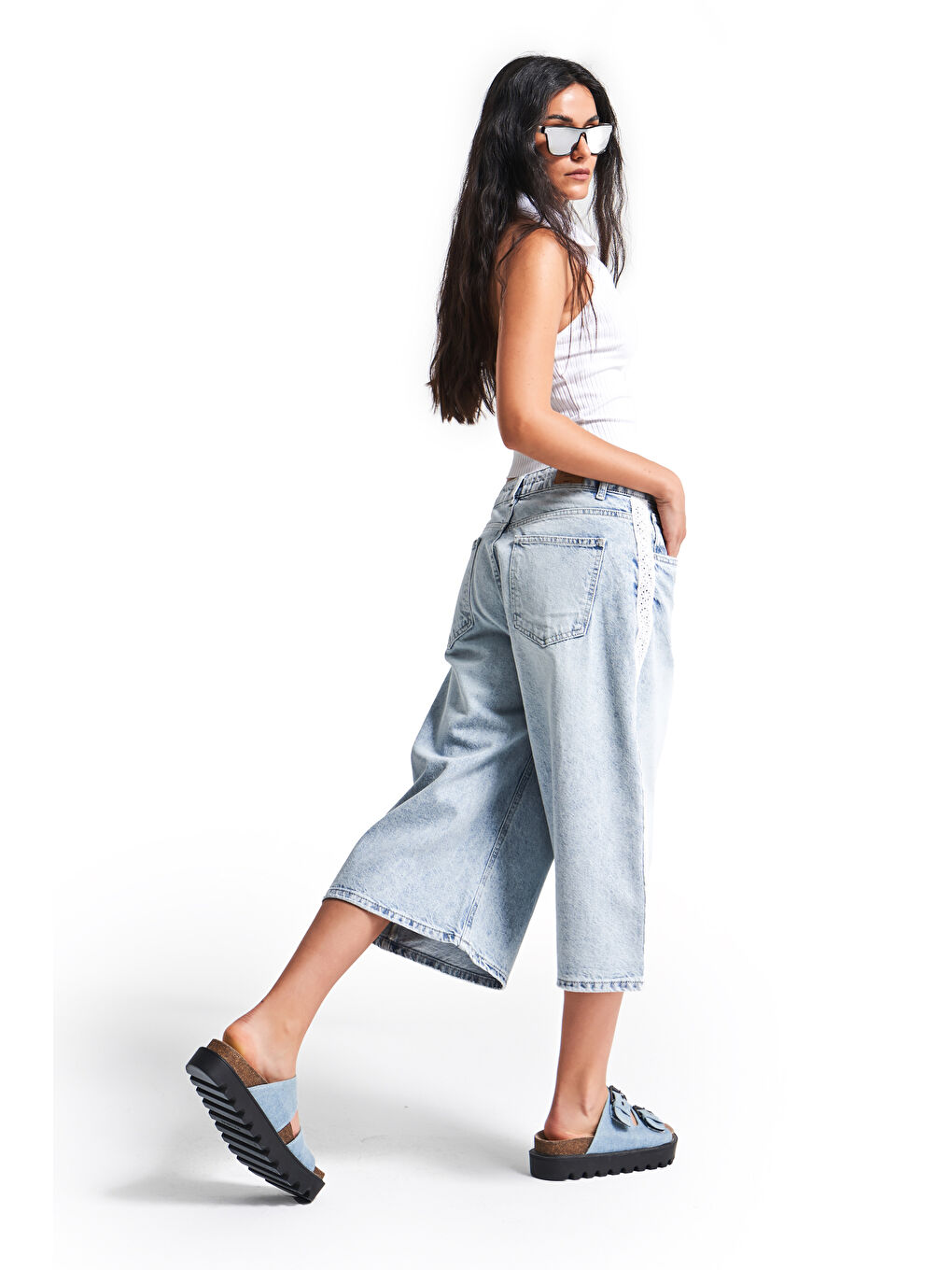 Mavi Kadın Ice Jean Rengi D 4S5 3 Süper Baggy Fit Dantel Şeritli Maxi Boy Denim Şortolon-4