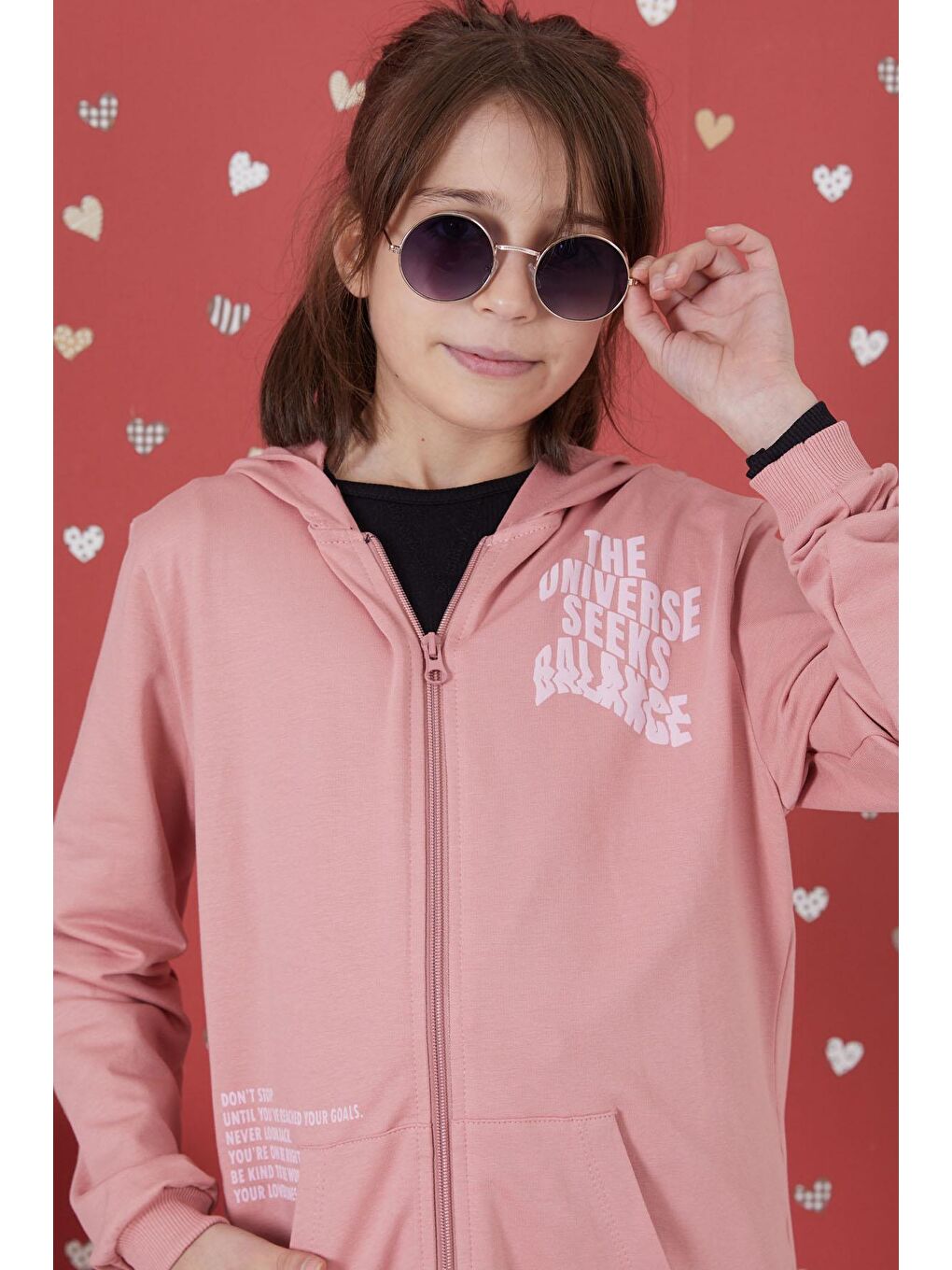 Pembe Gül Kurusu Universe Baskılı Kapüşonlu Hırkalı Kız Eşofman Takımı 17274-1