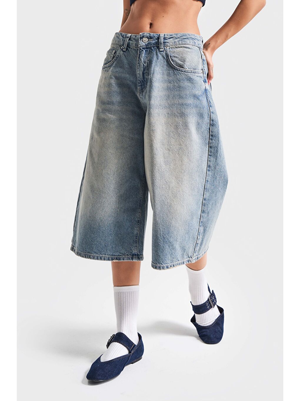 It's Basic Mavi Kadın T Jean Rengi 2S5 84 Süper Baggy Fit Maxi Boy  100 Pamuk Denim Şortolon