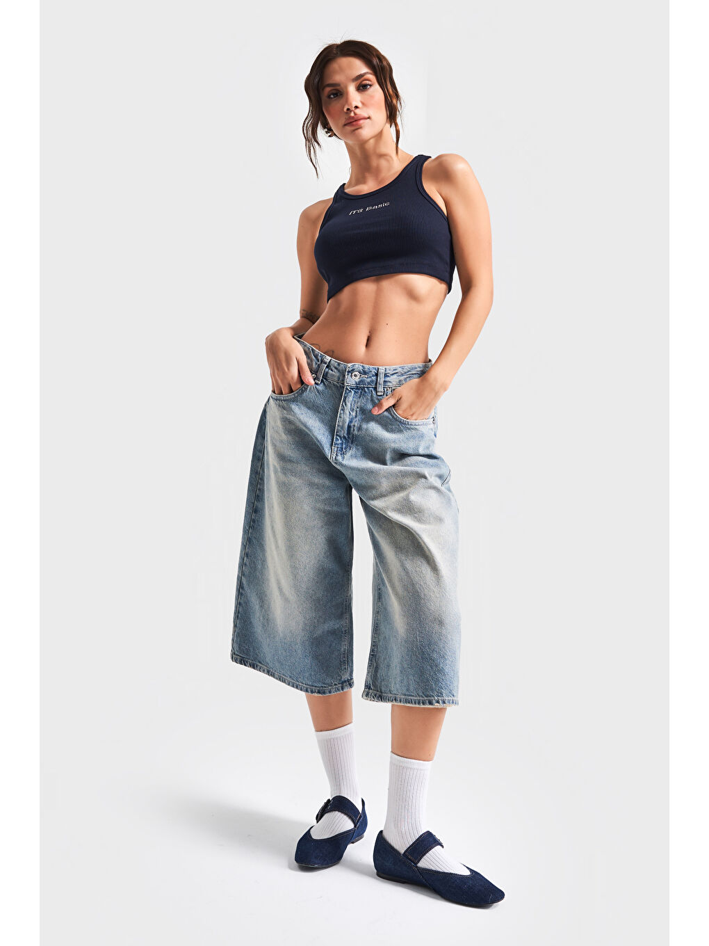 It's Basic Mavi Kadın T Jean Rengi 2S5 84 Süper Baggy Fit Maxi Boy  100 Pamuk Denim Şortolon - 1