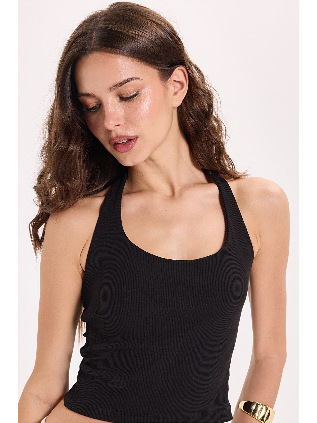 Kadın Slim Fit Dar Kesim Pamuklu Halter Yaka Kaşkorse Siyah Crop-3