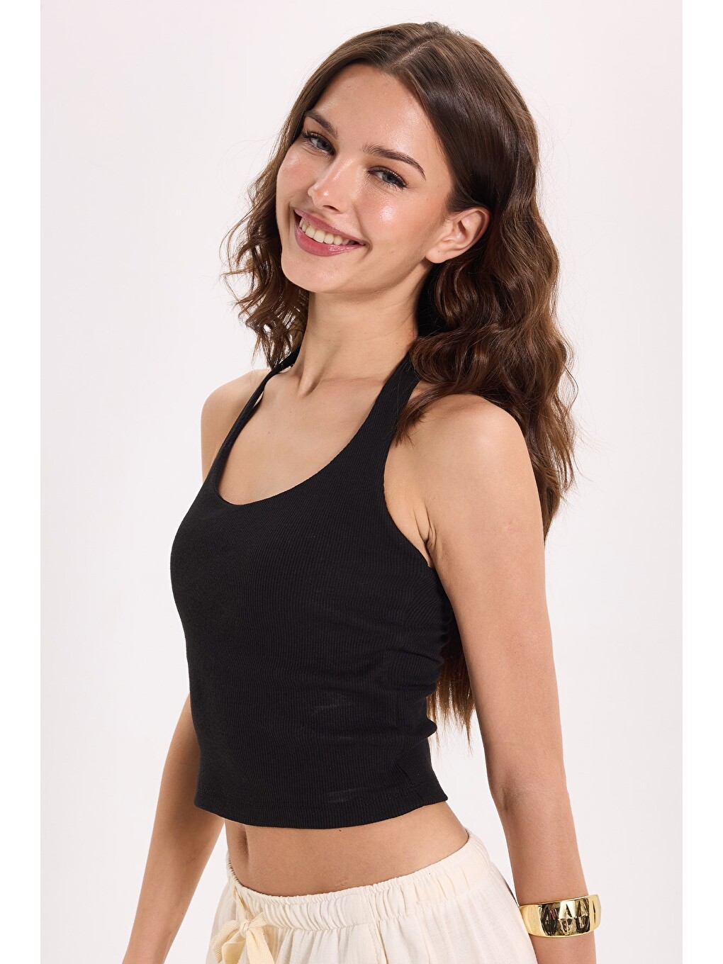 Kadın Slim Fit Dar Kesim Pamuklu Halter Yaka Kaşkorse Siyah Crop-4