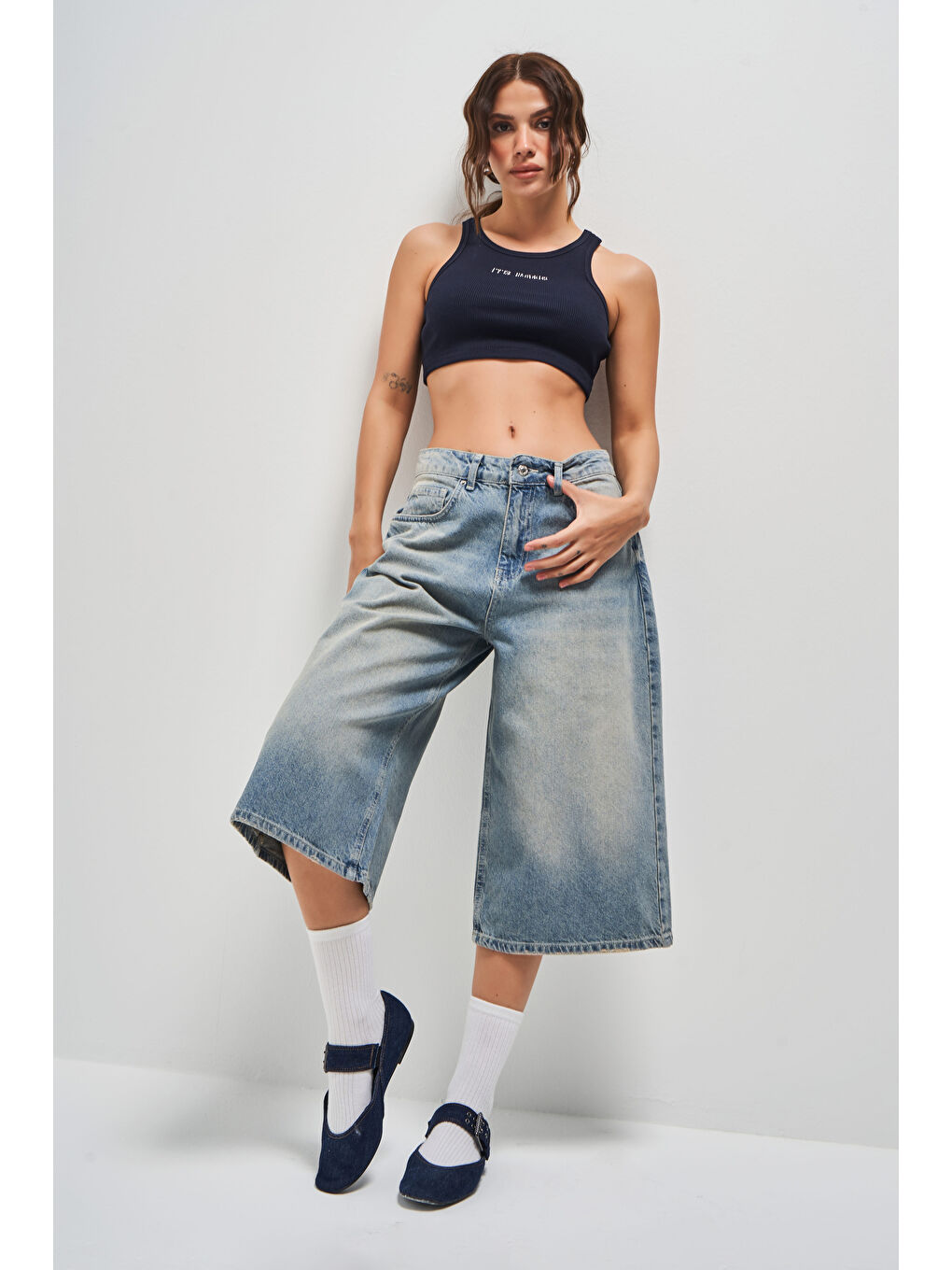 It's Basic Mavi Kadın T Jean Rengi 2S5 84 Süper Baggy Fit Maxi Boy  100 Pamuk Denim Şortolon - 3