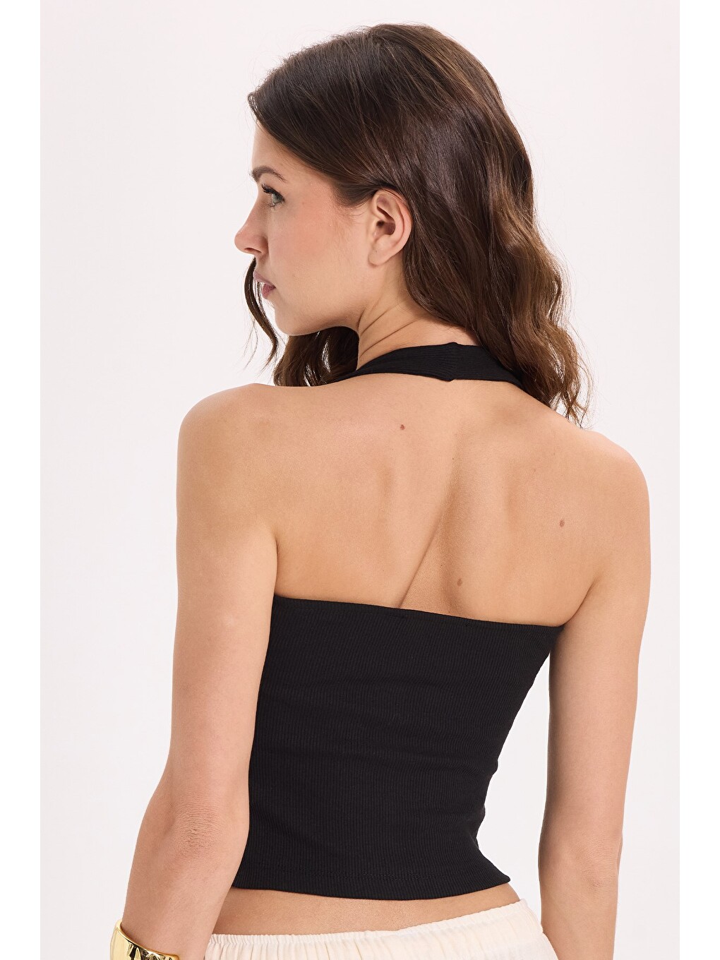 Kadın Slim Fit Dar Kesim Pamuklu Halter Yaka Kaşkorse Siyah Crop-7