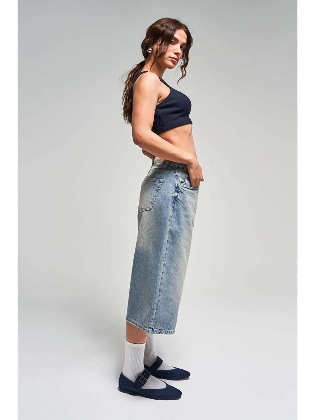 It's Basic Mavi Kadın T Jean Rengi 2S5 84 Süper Baggy Fit Maxi Boy  100 Pamuk Denim Şortolon - 4