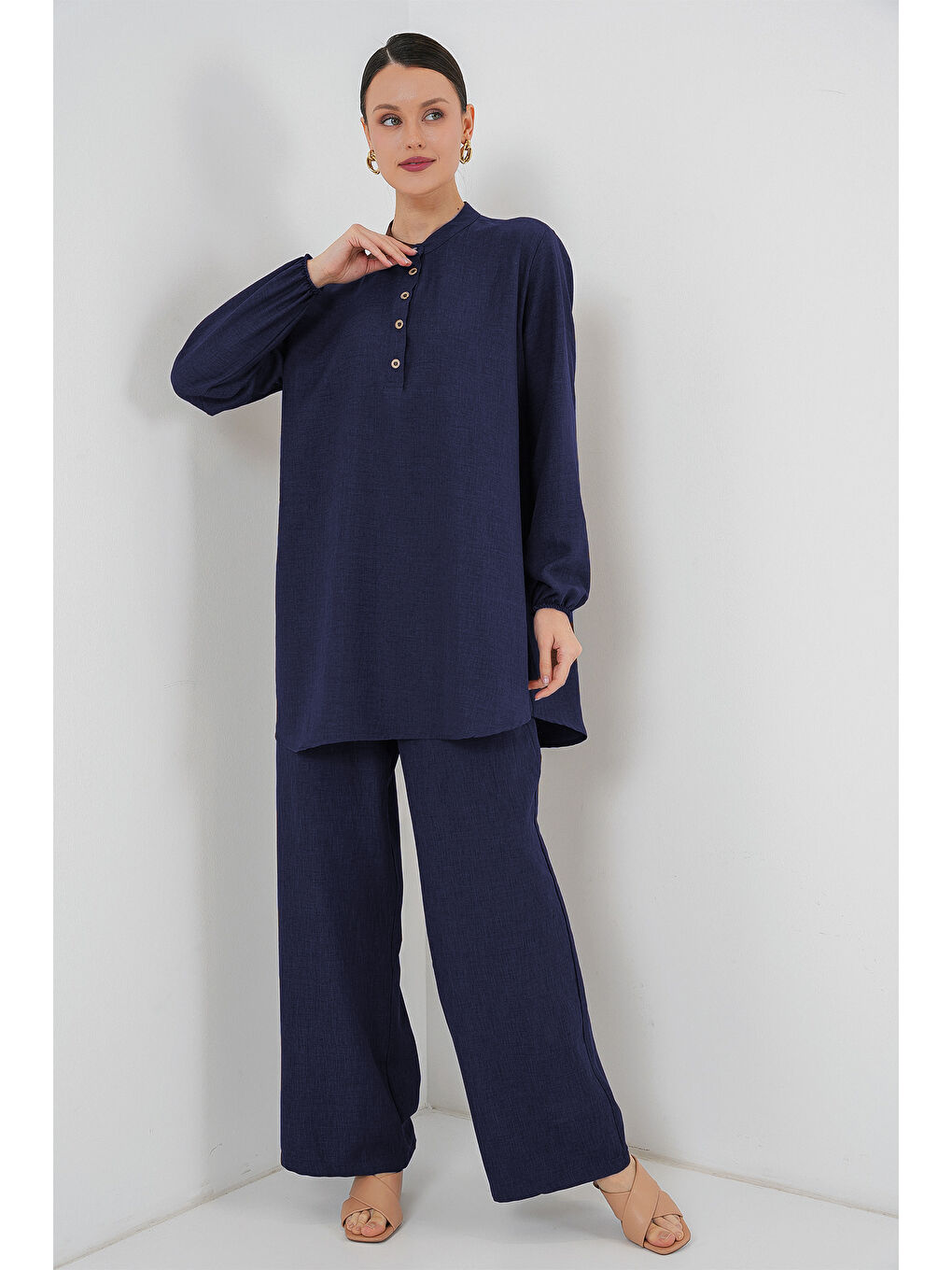 6678 Keten Tunik Pantolon İkili Takım - Lacivert