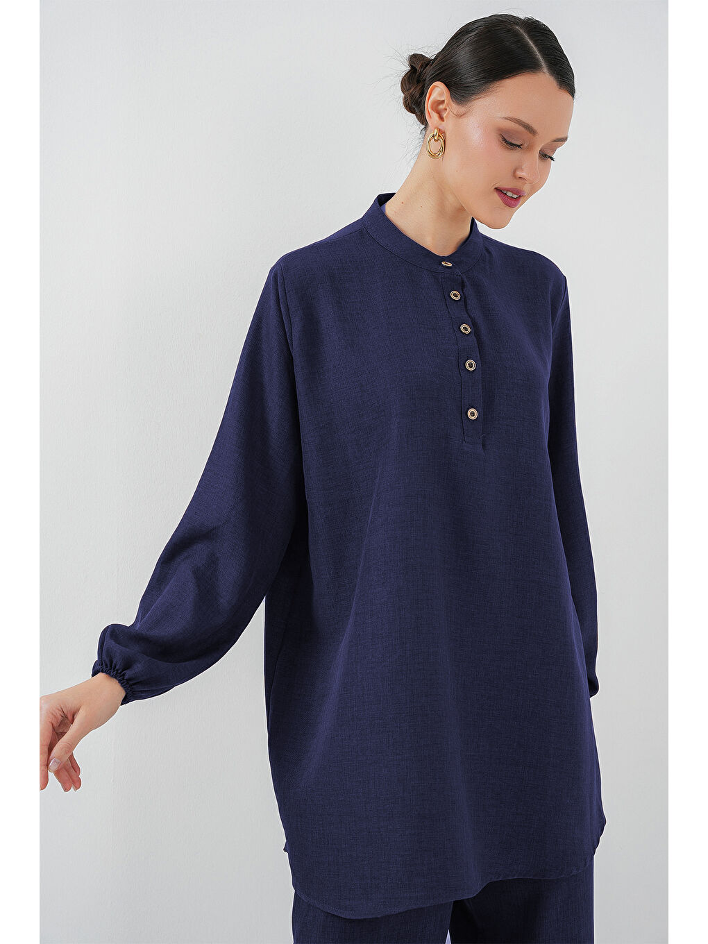 6678 Keten Tunik Pantolon İkili Takım - Lacivert-1