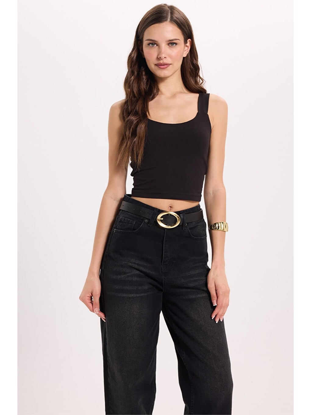 Kadın Slim Fit Dar Kesim Elastanlı Siyah Crop Atlet-3