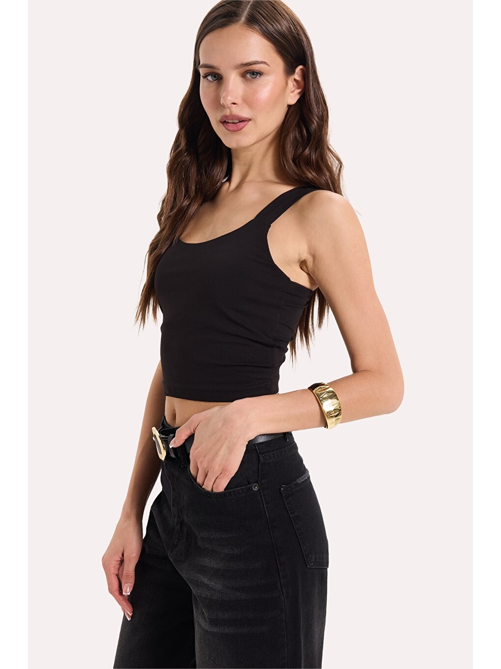 Kadın Slim Fit Dar Kesim Elastanlı Siyah Crop Atlet-4