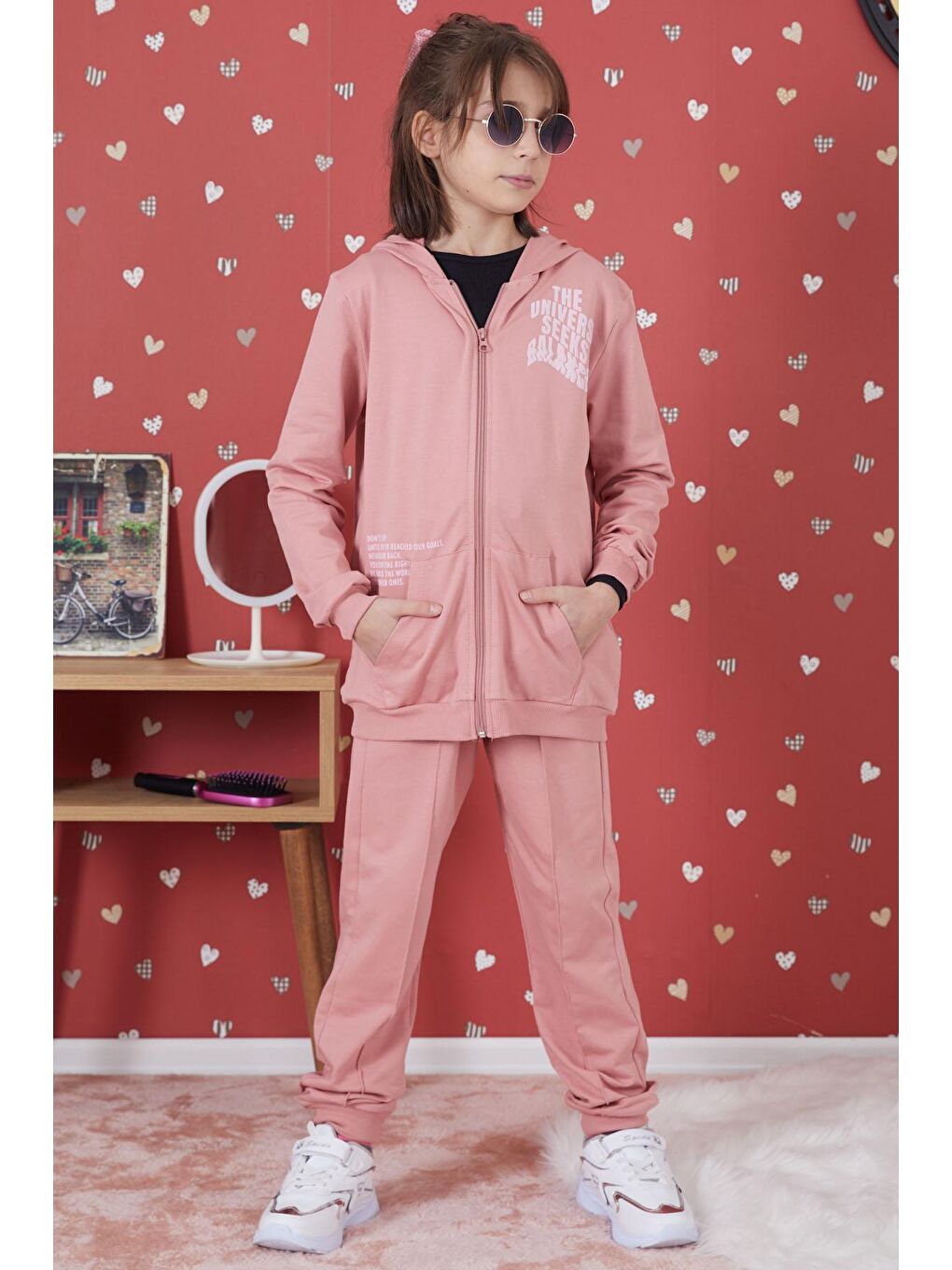 Pembe Gül Kurusu Universe Baskılı Kapüşonlu Hırkalı Kız Eşofman Takımı 17274-2