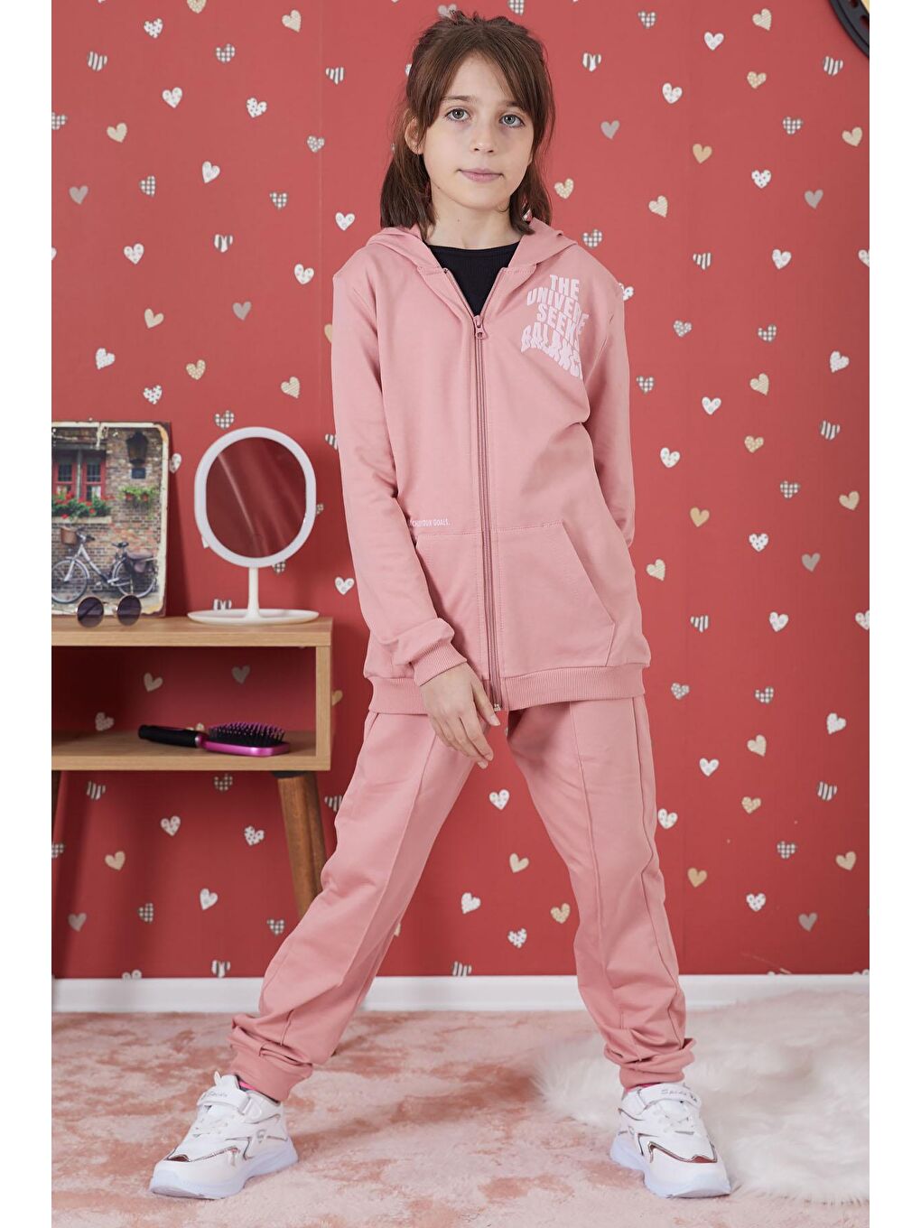 Pembe Gül Kurusu Universe Baskılı Kapüşonlu Hırkalı Kız Eşofman Takımı 17274-3