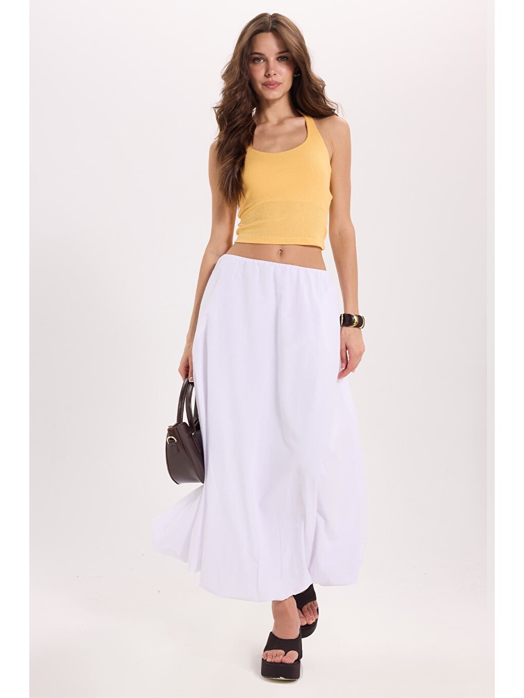 Kadın Slim Fit Dar Kesim Pamuklu Halter Yaka Kaşkorse Sarı Crop-1