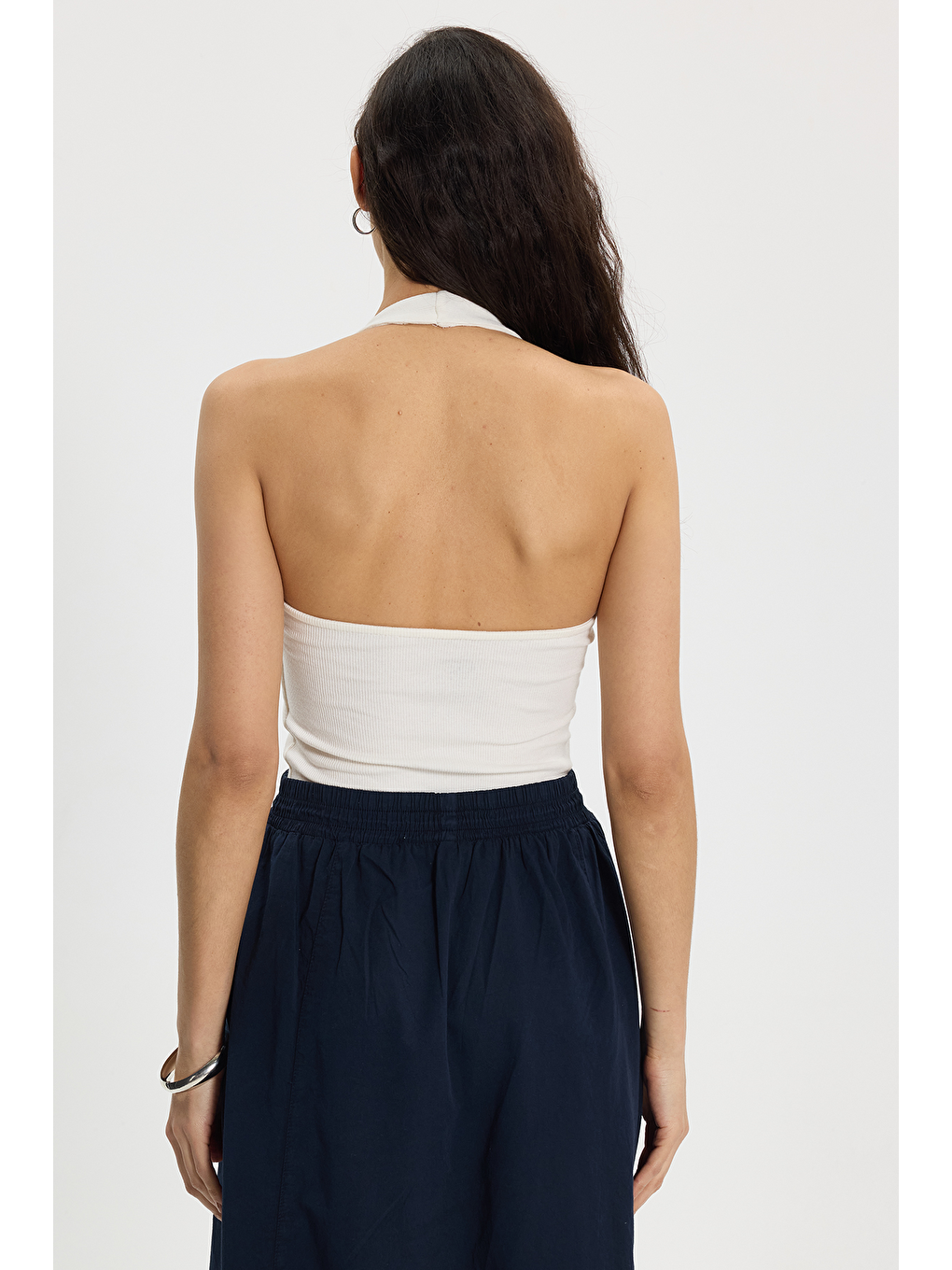 Kadın Slim Fit Dar Kesim Pamuklu Halter Yaka Kaşkorse Ekru Crop-4