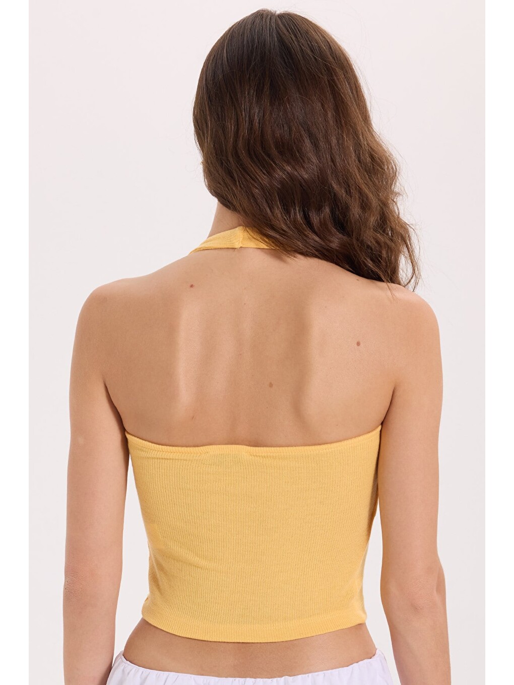 Kadın Slim Fit Dar Kesim Pamuklu Halter Yaka Kaşkorse Sarı Crop-6