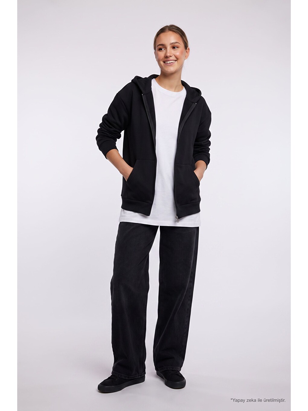 Kadın Oversize Geniş Kesim %100 Pamuk Kapüşonlu Fermuarlı Cepli Siyah Sweatshirt-1