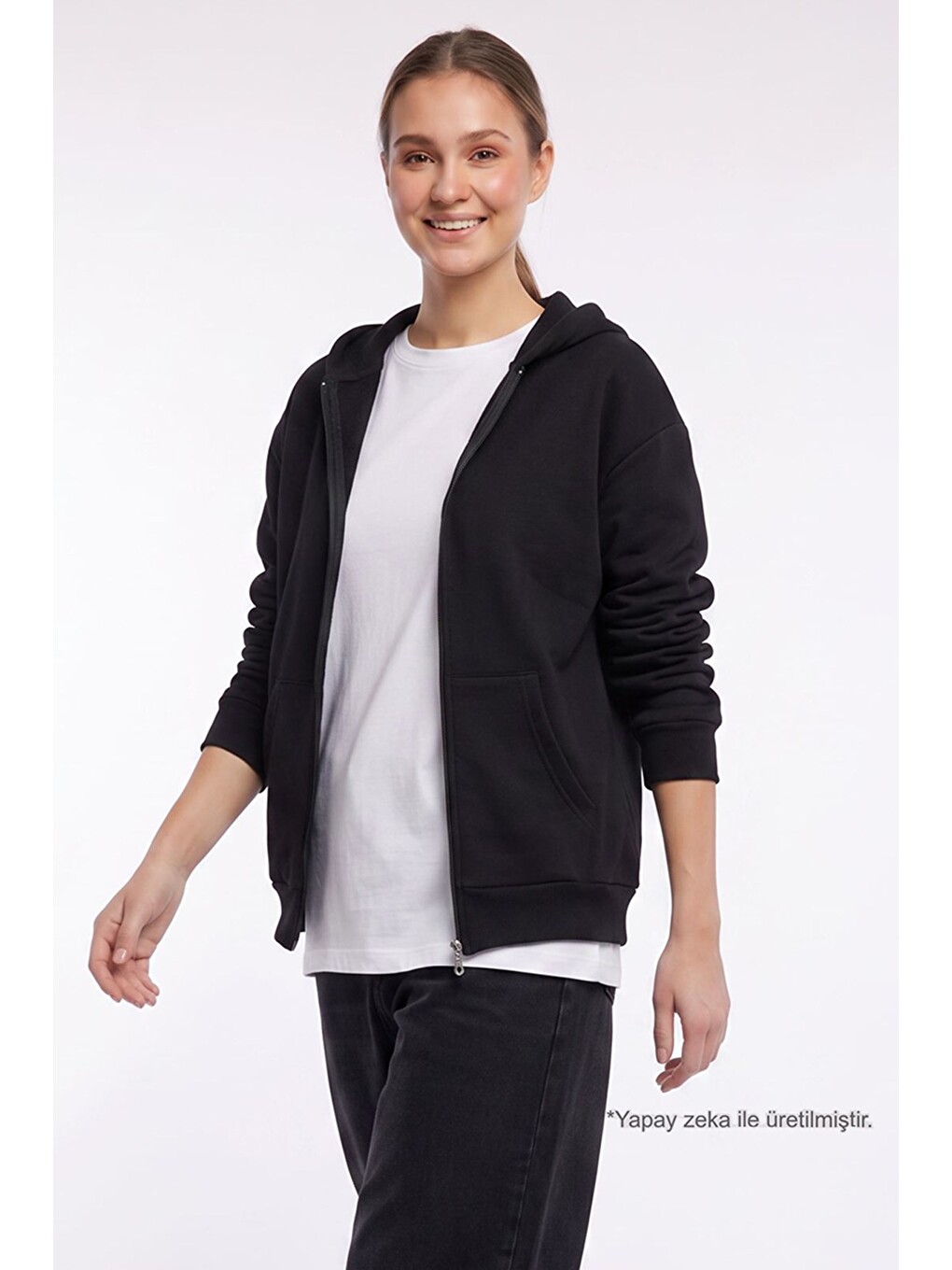 Kadın Oversize Geniş Kesim %100 Pamuk Kapüşonlu Fermuarlı Cepli Siyah Sweatshirt-2