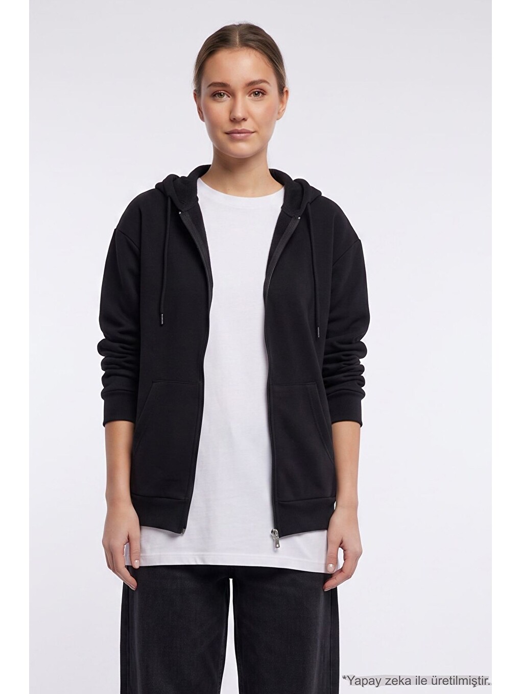 Kadın Oversize Geniş Kesim %100 Pamuk Kapüşonlu Fermuarlı Cepli Siyah Sweatshirt-3