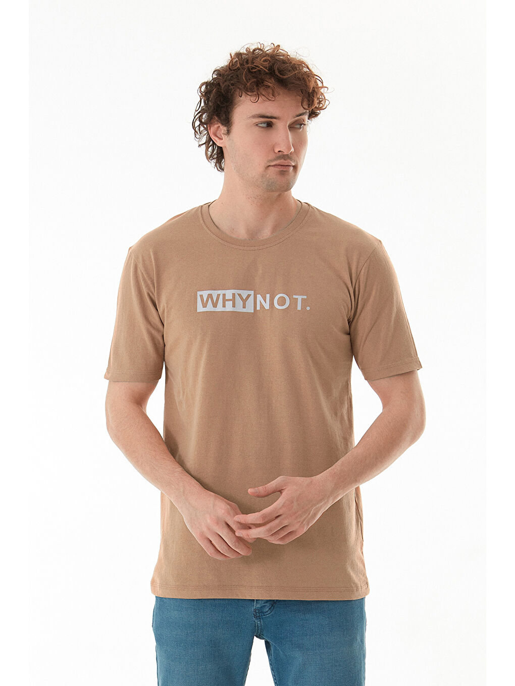 Kahverengi Why Not Yazı Baskılı Bisiklet Yaka Tişört-1