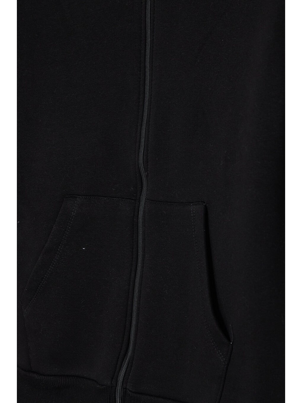 Kadın Oversize Geniş Kesim %100 Pamuk Kapüşonlu Fermuarlı Cepli Siyah Sweatshirt-5