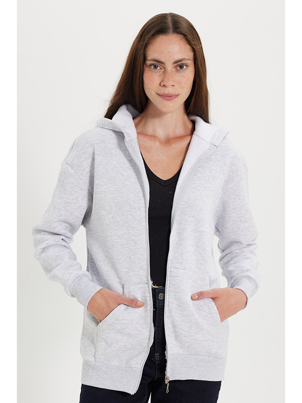 Kadın oversize Geniş Kesim %100 Pamuk Kapüşonlu Fermuarlı Cepli Gri Sweatshirt