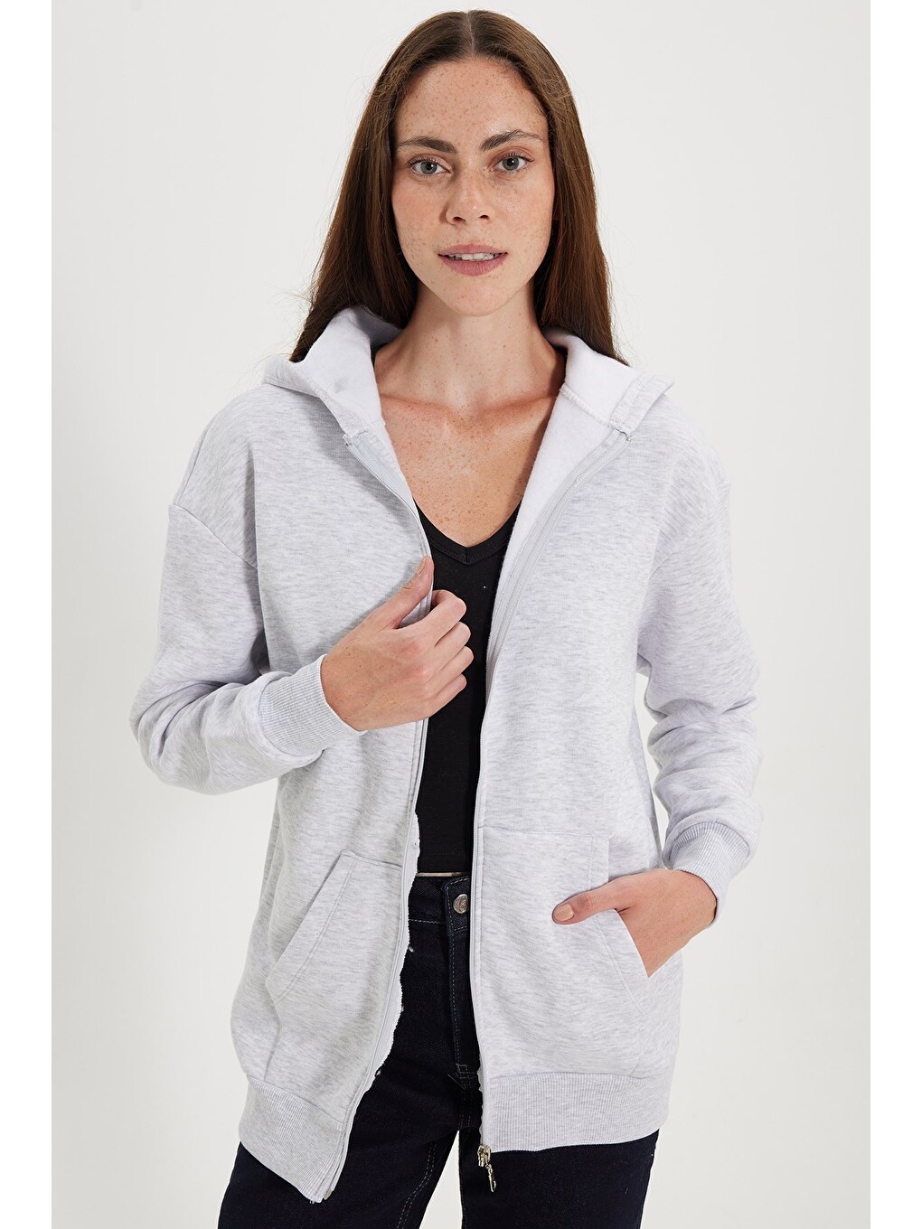 Kadın oversize Geniş Kesim %100 Pamuk Kapüşonlu Fermuarlı Cepli Gri Sweatshirt-2