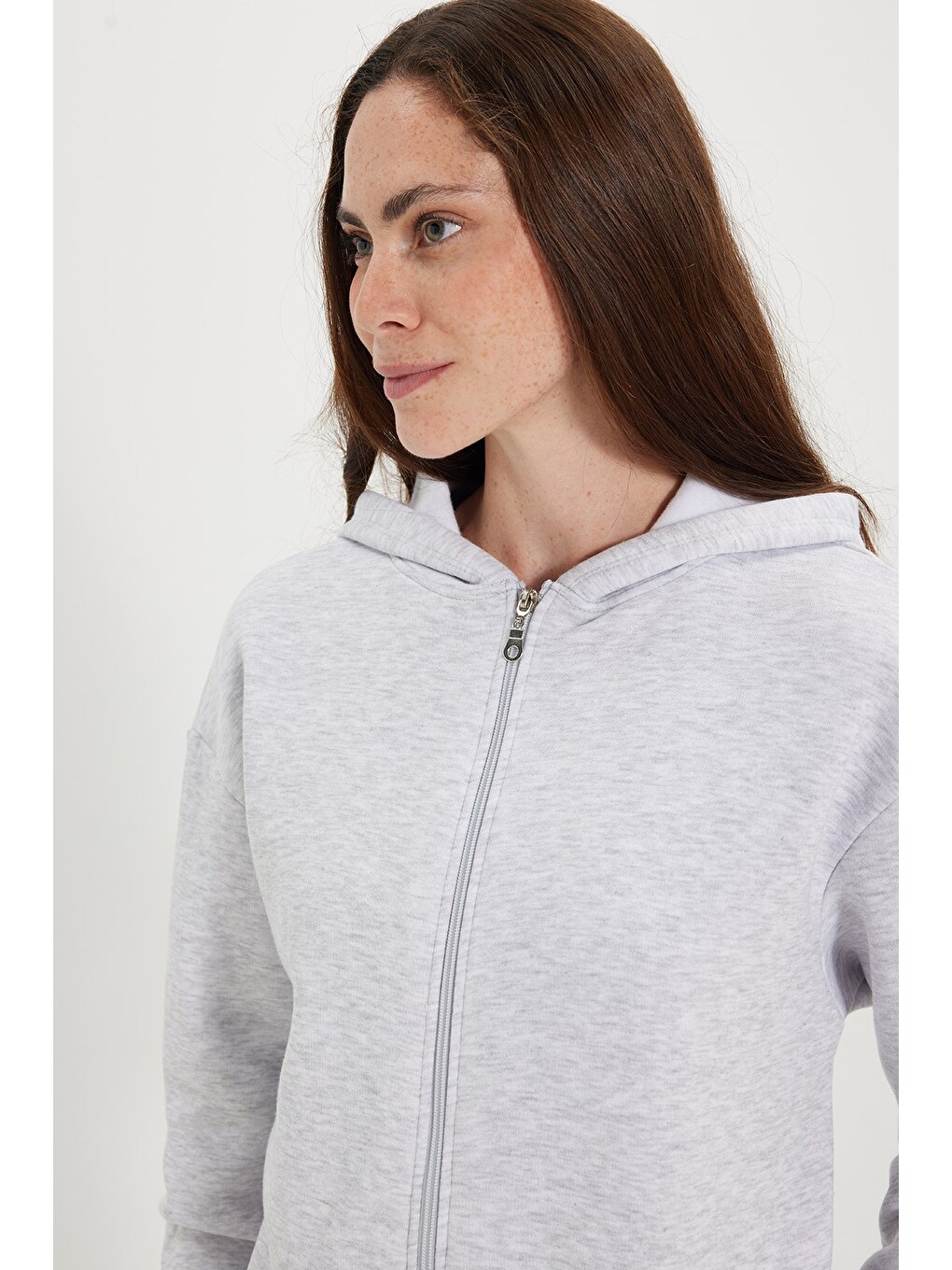 Kadın oversize Geniş Kesim %100 Pamuk Kapüşonlu Fermuarlı Cepli Gri Sweatshirt-3