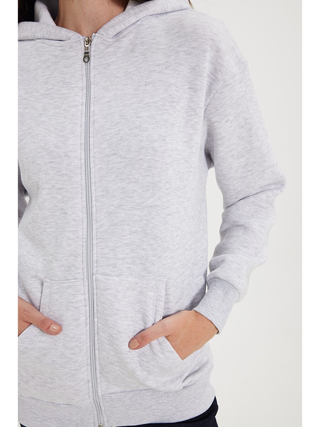 Kadın oversize Geniş Kesim %100 Pamuk Kapüşonlu Fermuarlı Cepli Gri Sweatshirt-4