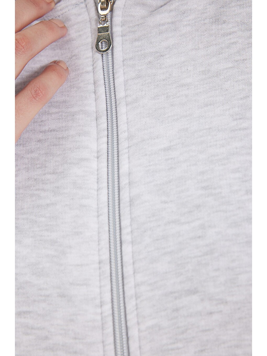 Kadın oversize Geniş Kesim %100 Pamuk Kapüşonlu Fermuarlı Cepli Gri Sweatshirt-5