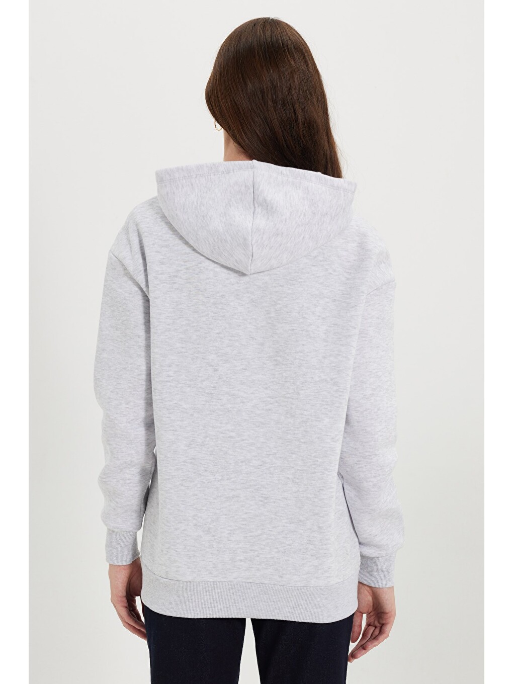 Kadın oversize Geniş Kesim %100 Pamuk Kapüşonlu Fermuarlı Cepli Gri Sweatshirt-6