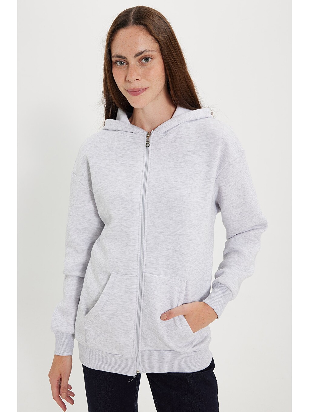 Kadın oversize Geniş Kesim %100 Pamuk Kapüşonlu Fermuarlı Cepli Gri Sweatshirt-7