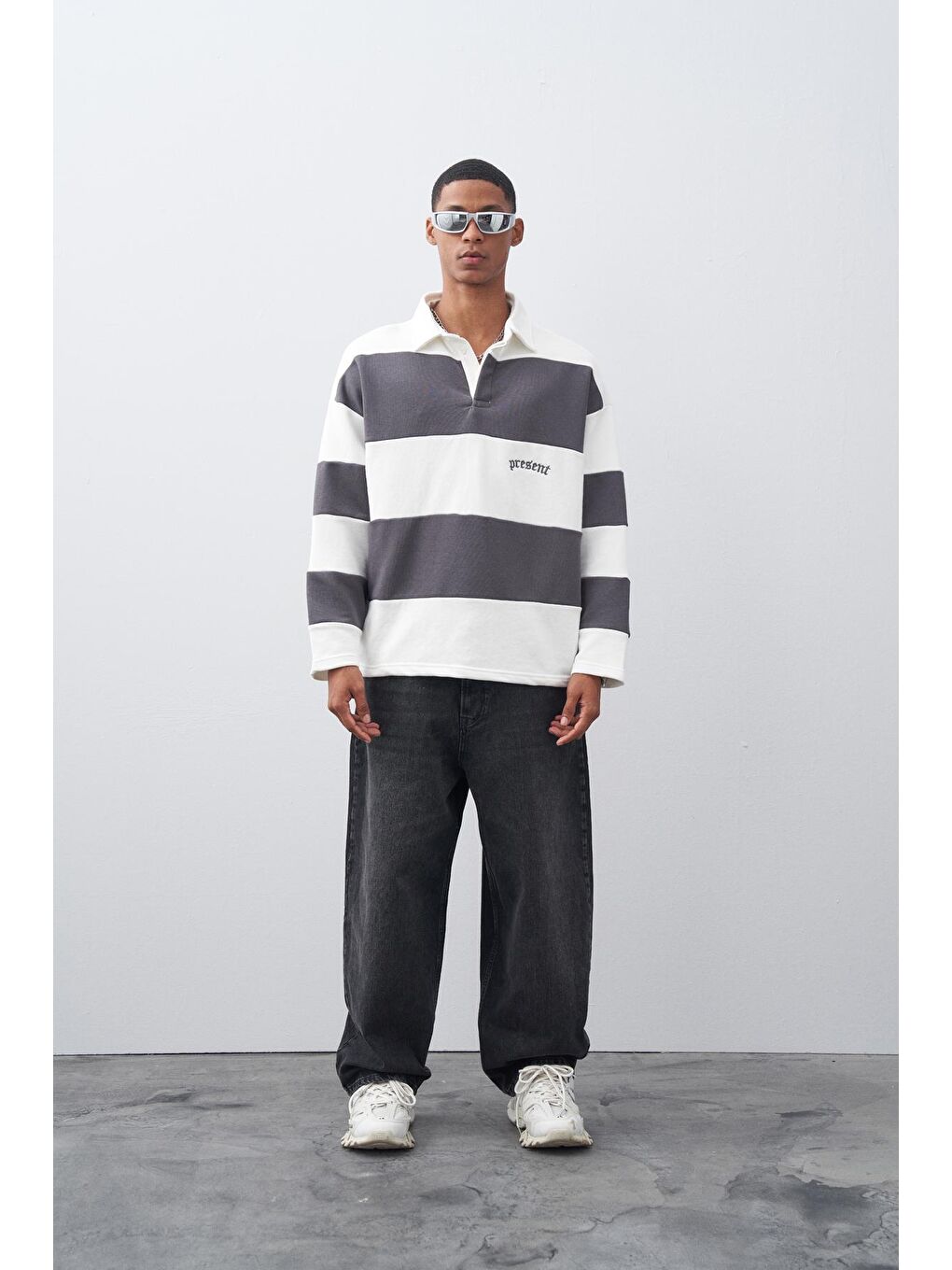 Gri Füme Polo Yaka Oversize Şeritli Sweatshirt