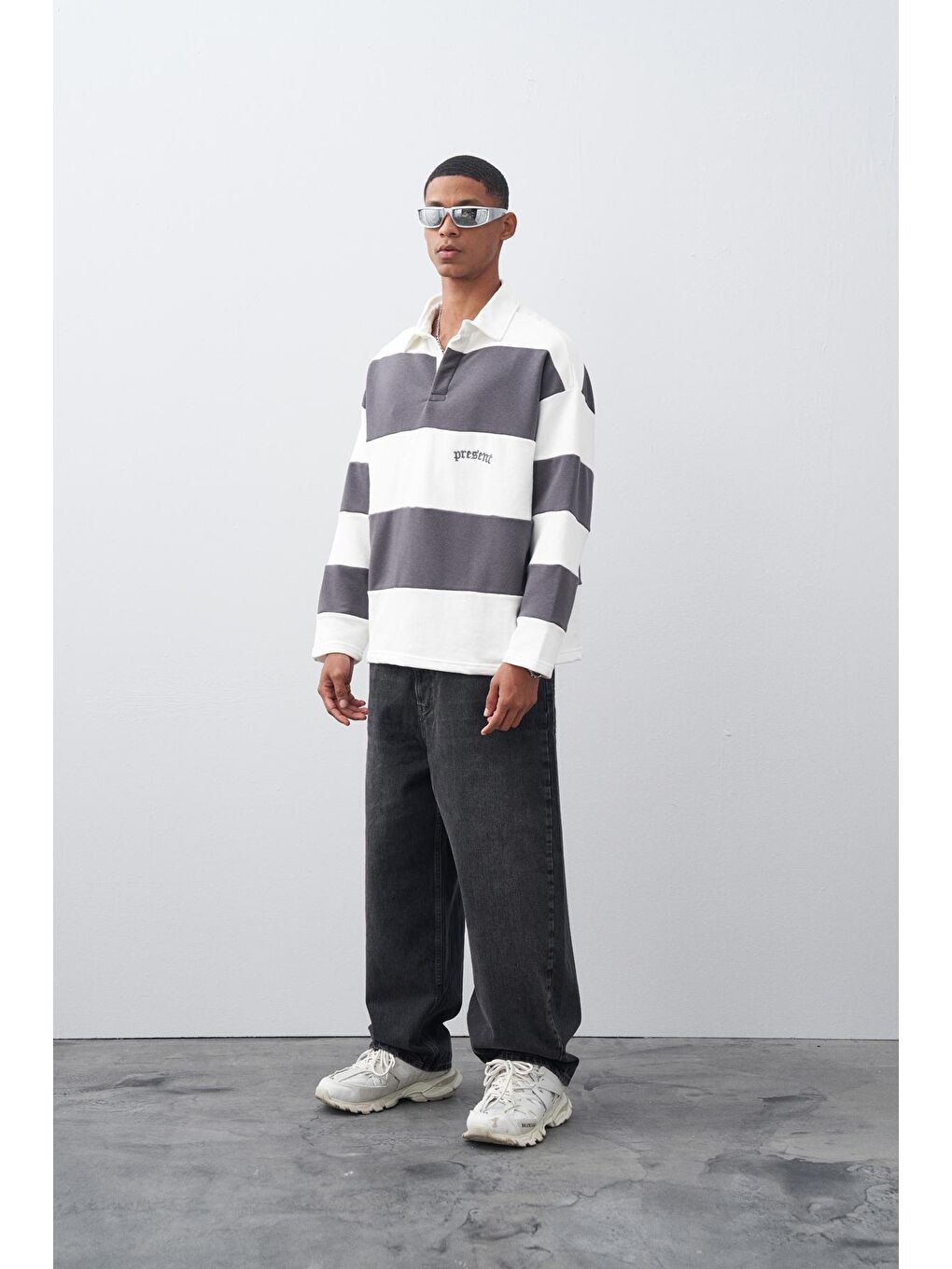 Gri Füme Polo Yaka Oversize Şeritli Sweatshirt-1