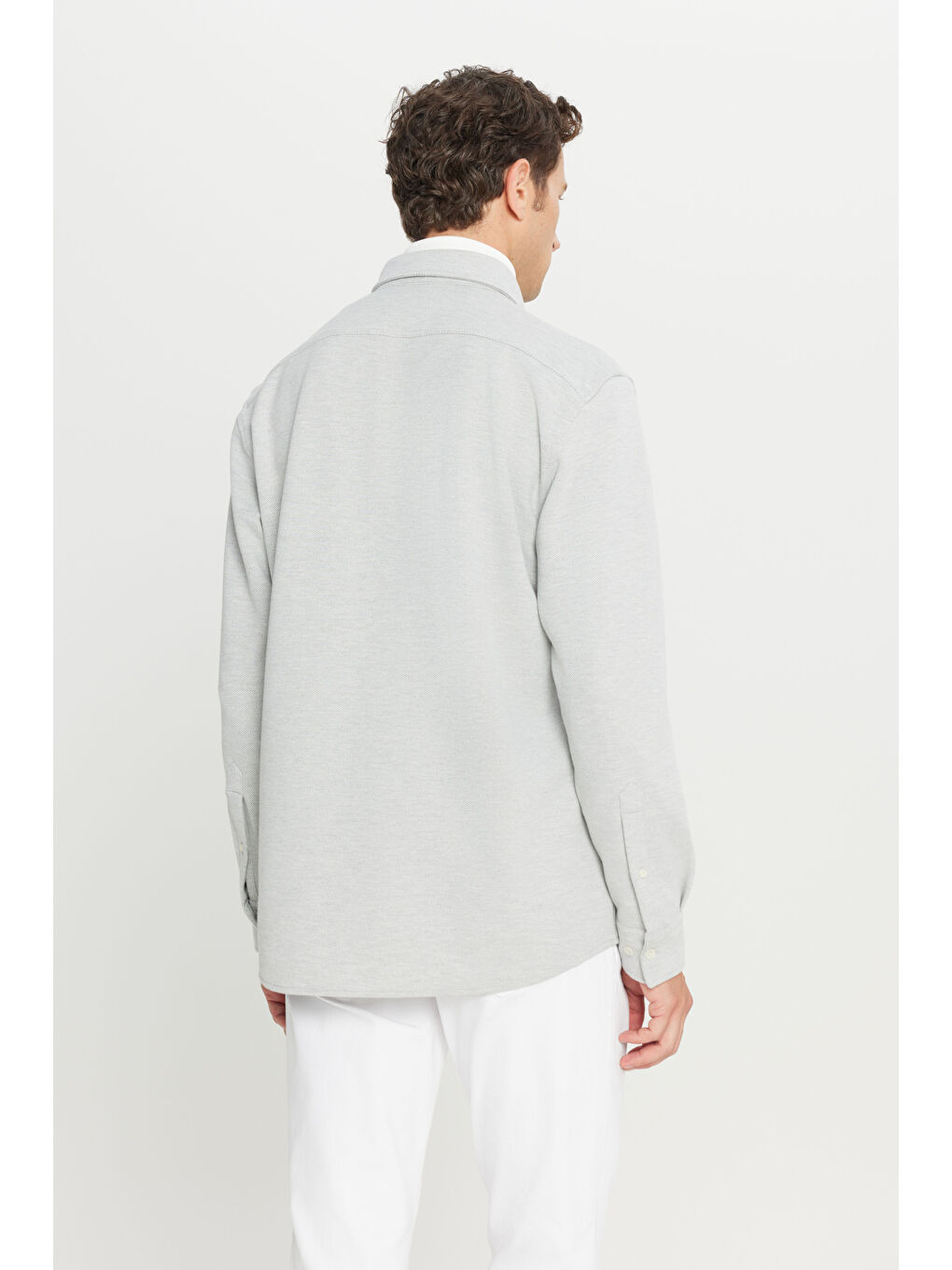 Erkek Gri 360 Her Yöne Esneyen Pamuklu Comfort Fit Klasik Yaka Diagonal Desenli Örme Gömlek-7