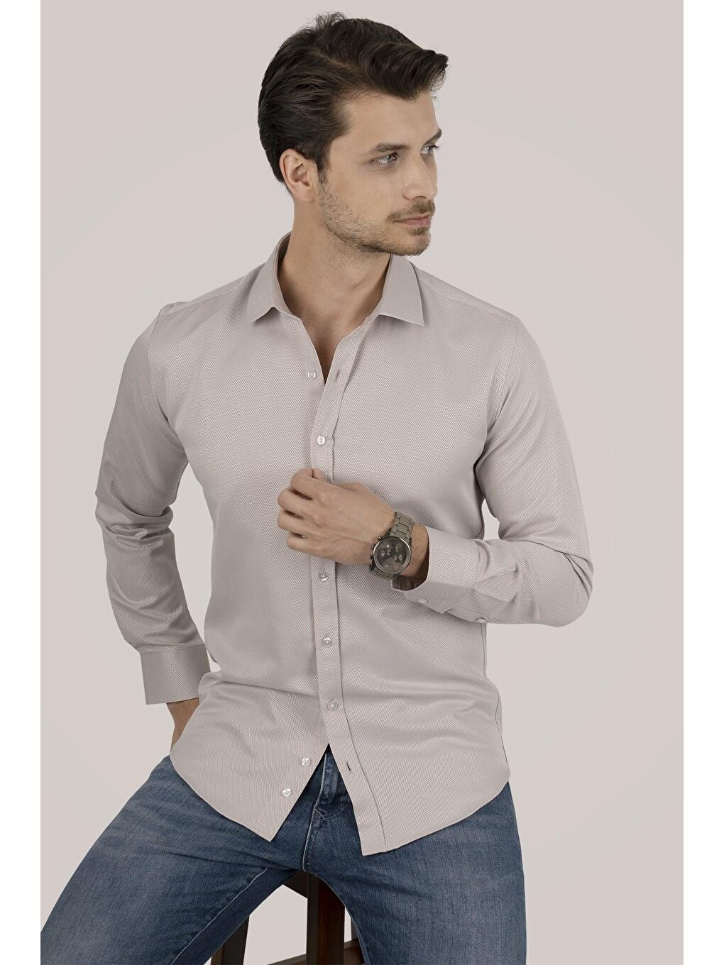 Kahverengi Sütlü Kahve Slimfit Erkek Gömlek-1